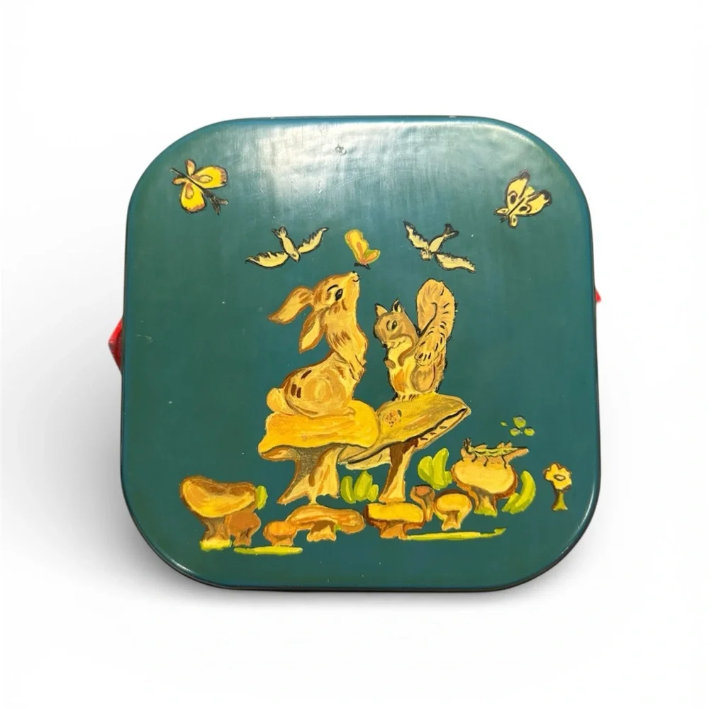 Vintage Hand-Painted Woodland Bunny & Squirrel Basket - Picture 1 of 10